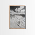 Desert Footprints Path, Dune Art, Wanderlust Vibes, Monochrome Landscape, Framed Canvas Print, Bedroom Wall Decor, Minimalist Travel