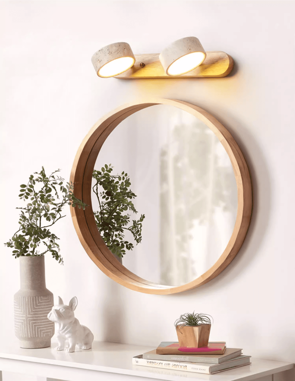 Travertine Stone Wall Sconce with Dimmable LED | Natural Wood Accent for Warm Ambient Glow