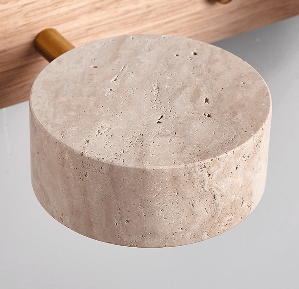 Travertine Stone Wall Sconce with Dimmable LED | Natural Wood Accent for Warm Ambient Glow
