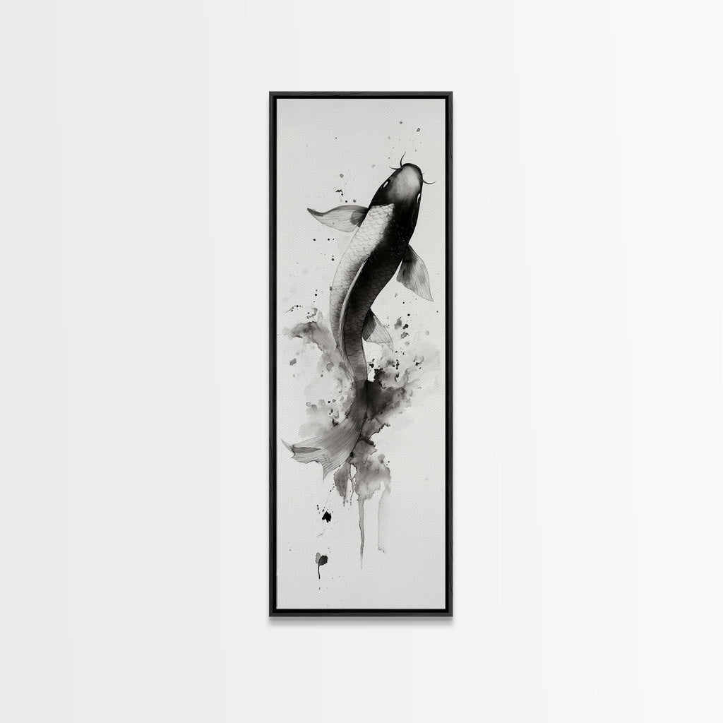 Tall Skinny Koi Fish Painting Print, Black and White Wabi Sabi Wall Art, Koi Fish Wall Decor, Japanese Style Elegant Artwork, Narrow Wall Art