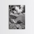 Island View Cliffs, Tropical Shoreline, Black and White Seascape, Framed Canvas Print, Bathroom Art, Travel Decor, Coastal Vibe