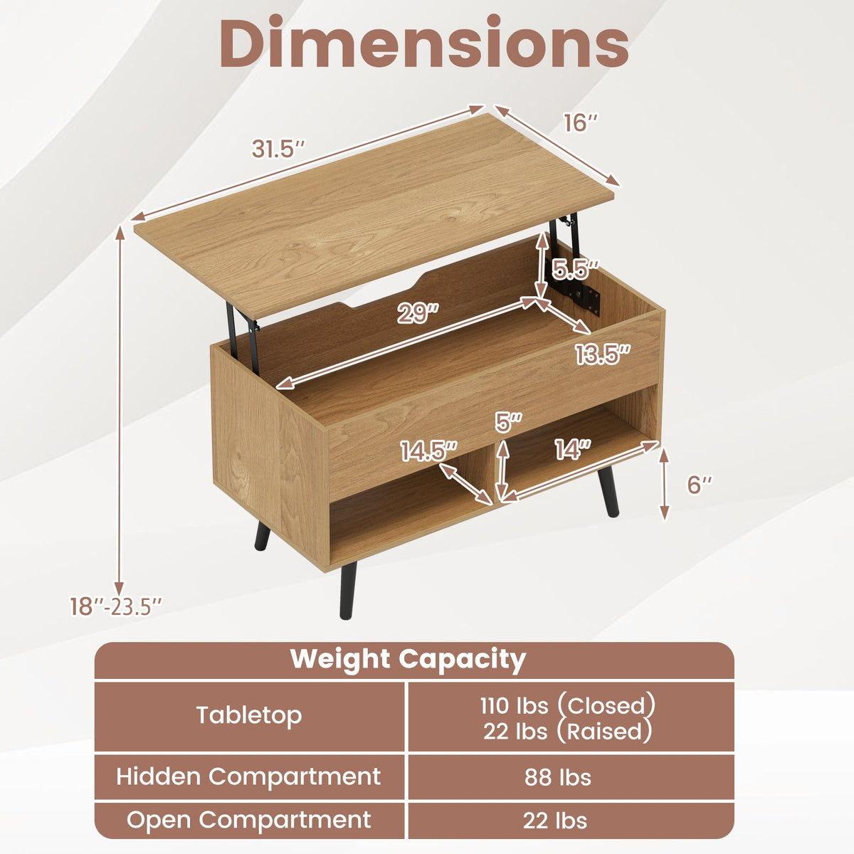 31.5 Inch Lift-Top Coffee Table with Hidden Storage and 2 Open Shelves