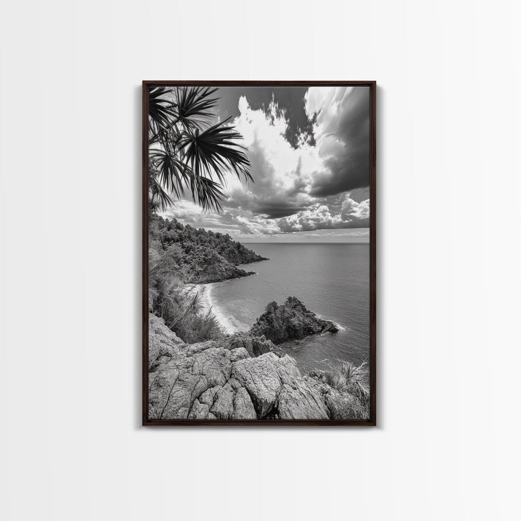 Island View Cliffs, Tropical Shoreline, Black and White Seascape, Framed Canvas Print, Bathroom Art, Travel Decor, Coastal Vibe
