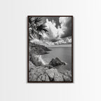 Island View Cliffs, Tropical Shoreline, Black and White Seascape, Framed Canvas Print, Bathroom Art, Travel Decor, Coastal Vibe