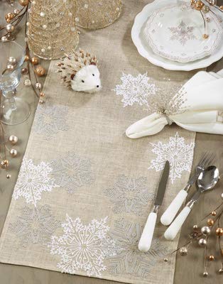 Fennco Styles Snowflake Embroidery Table Runner 16x70 Inch Rectangular – Natural Table Cover for Home Décor, Dining Table, Banquets, Holidays and Special Occasions