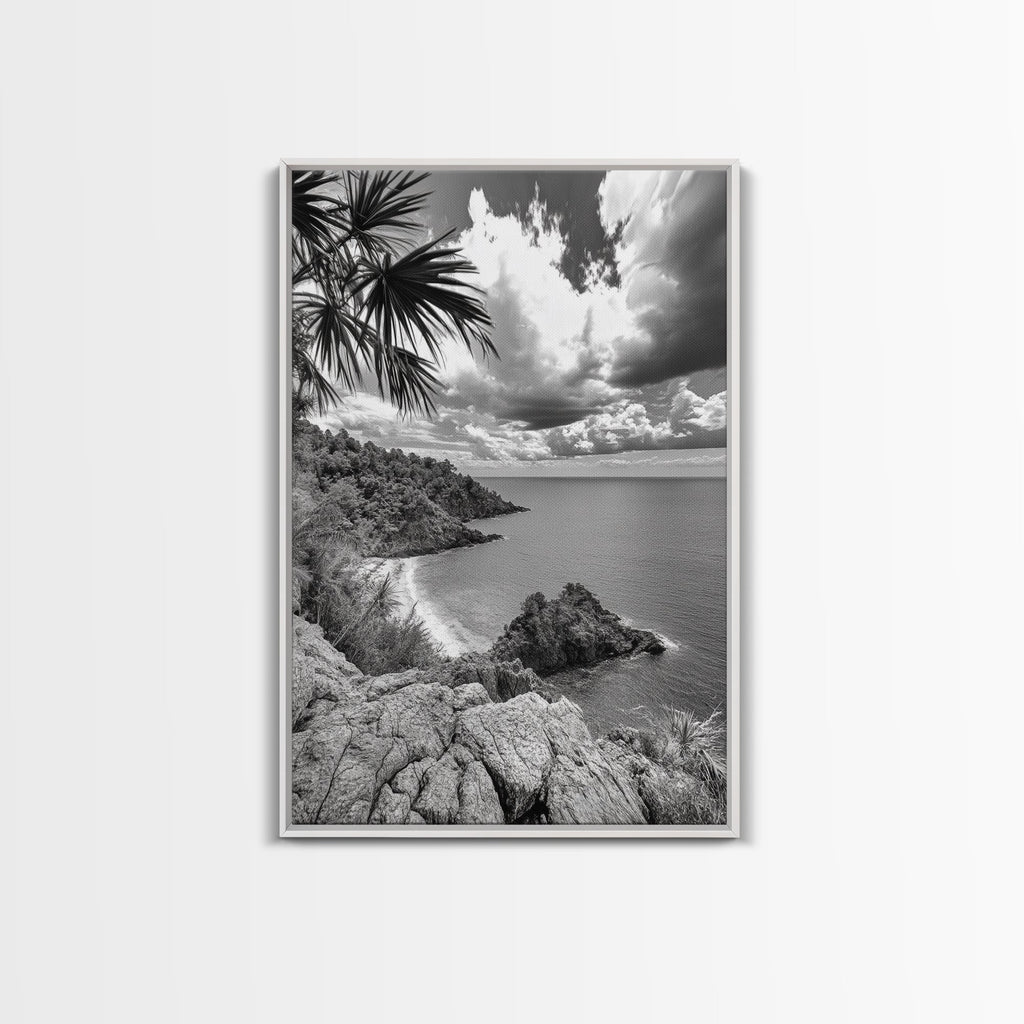 Island View Cliffs, Tropical Shoreline, Black and White Seascape, Framed Canvas Print, Bathroom Art, Travel Decor, Coastal Vibe