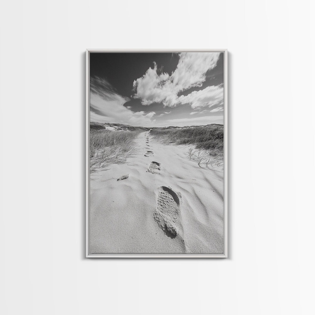 Desert Footprints Path, Dune Art, Wanderlust Vibes, Monochrome Landscape, Framed Canvas Print, Bedroom Wall Decor, Minimalist Travel