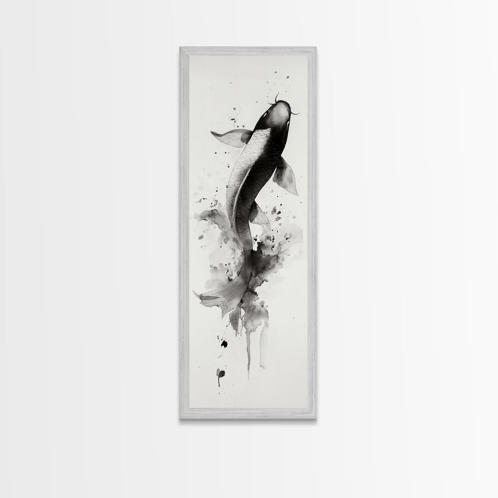 Tall Skinny Koi Fish Painting Print, Black and White Wabi Sabi Wall Art, Koi Fish Wall Decor, Japanese Style Elegant Artwork, Narrow Wall Art