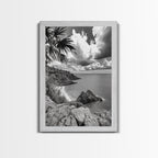 Island View Cliffs, Tropical Shoreline, Black and White Seascape, Framed Canvas Print, Bathroom Art, Travel Decor, Coastal Vibe