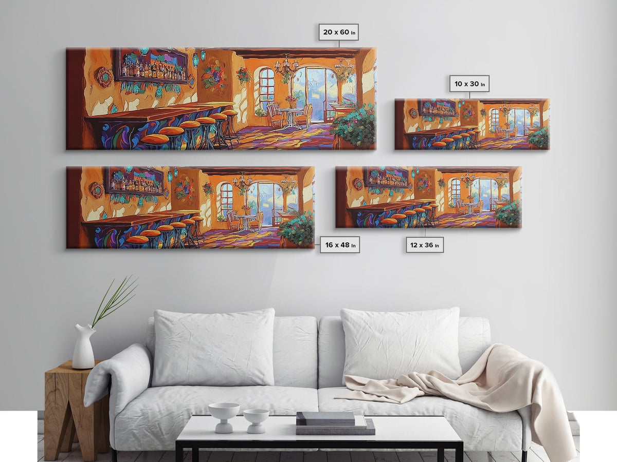 Rustic Cantina Interior, Mexican Bar Scene, Warm Home Decor, Framed Canvas Print, Dining Room Art, Cozy Southwestern Style