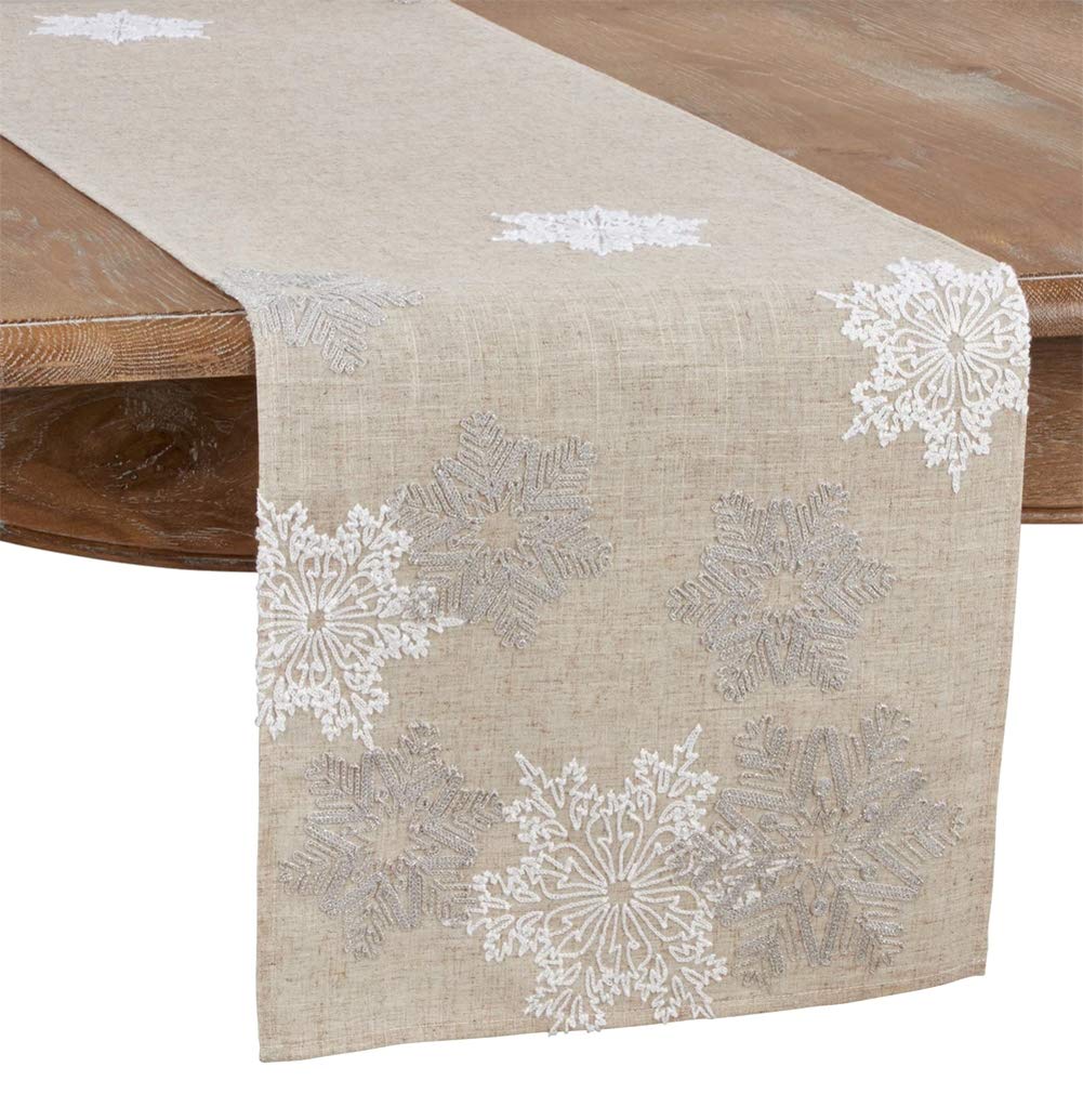 Fennco Styles Snowflake Embroidery Table Runner 16x70 Inch Rectangular – Natural Table Cover for Home Décor, Dining Table, Banquets, Holidays and Special Occasions