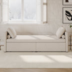 Modern cushioned lounge chair sofa bed with 2 drawers, small single sofa bed without mattress, linen, beige