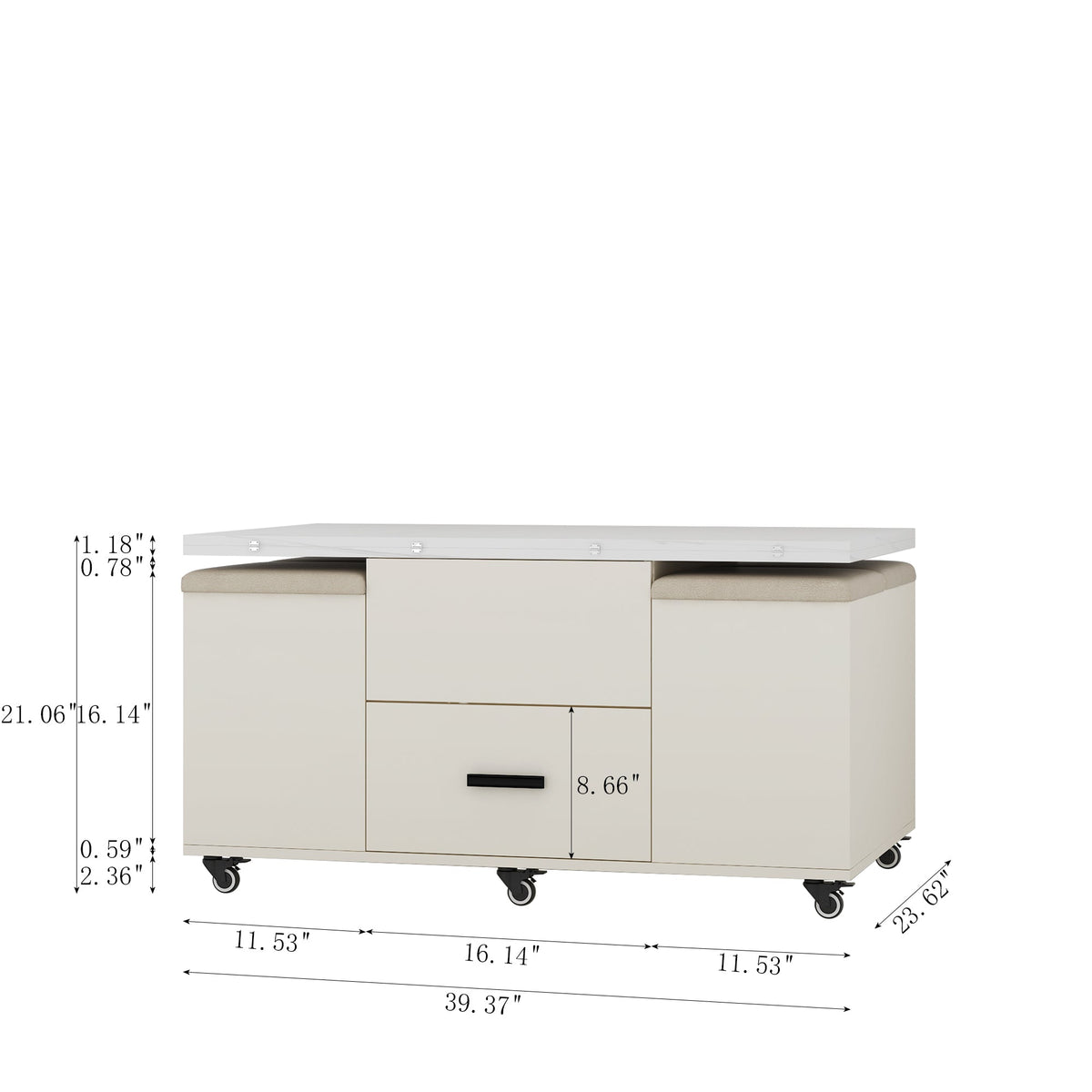 Modern lift coffee table, living room with 4 chairs, expandable 1 hidden storage space+2 drawers, folding dining table