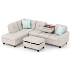 98 Inches Sectional Sofa Couch with Movable Storage Ottoman and Linen Fabric Backs