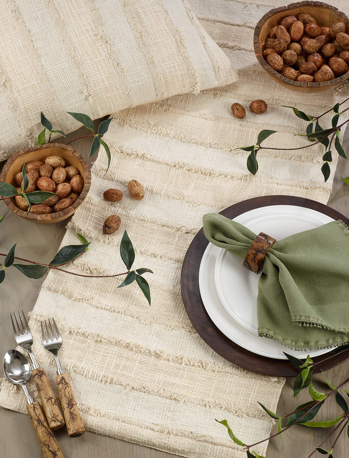 Fennco Styles Michonne Collection Cottage Stripe Patched Fringe 16 x 72 Inch Table Runner – Ivory Table Runner for Banquets, Family Gather, Special Events and Home Décor …