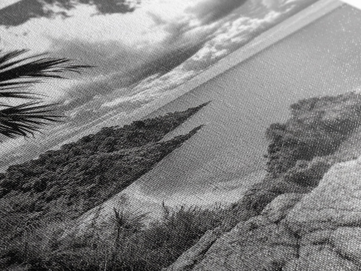 Island View Cliffs, Tropical Shoreline, Black and White Seascape, Framed Canvas Print, Bathroom Art, Travel Decor, Coastal Vibe