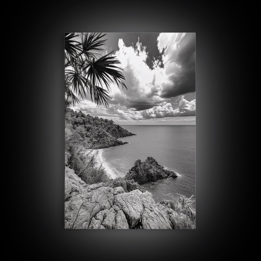 Island View Cliffs, Tropical Shoreline, Black and White Seascape, Framed Canvas Print, Bathroom Art, Travel Decor, Coastal Vibe