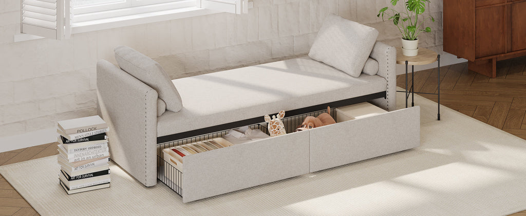 Modern cushioned lounge chair sofa bed with 2 drawers, small single sofa bed without mattress, linen, beige