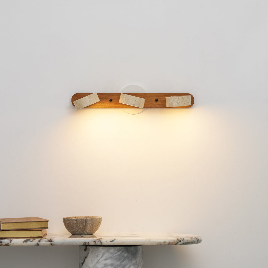 Travertine Stone Wall Sconce with Dimmable LED | Natural Wood Accent for Warm Ambient Glow