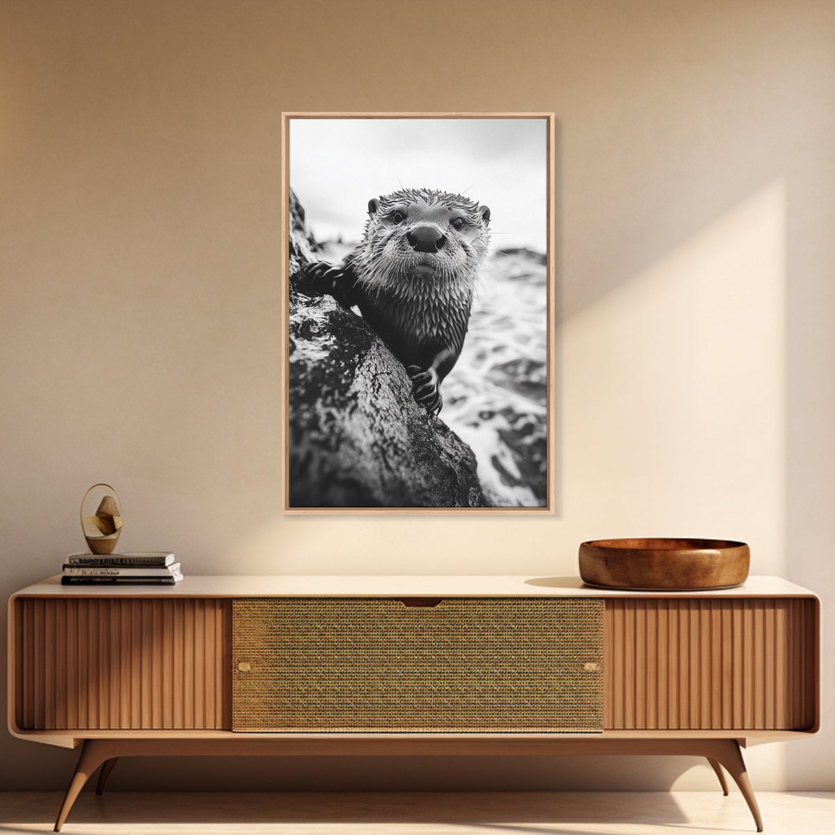 Curious Otter, Coastal Wildlife, Black and White, Animal Photography, Framed Canvas Print, Bathroom Wall Art, Nature Lover Gift