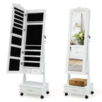 Rolling Floor Standing Mirrored Jewelry Armoire with Lock and Drawers