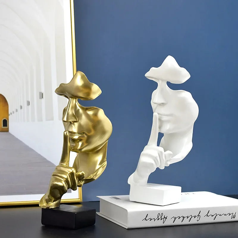 Home Decor Thinker Statue Sculpture Silence Is Gold Figurines Resin Retro  For Office Study Living Room Abstract Face Ornaments