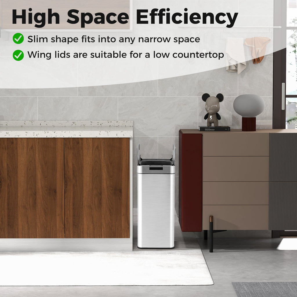 13.2 Gal Slim Kitchen Trash Can with Wing Lids and Stainless Steel Frame