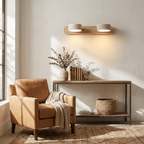 Travertine Stone Wall Sconce with Dimmable LED | Natural Wood Accent for Warm Ambient Glow