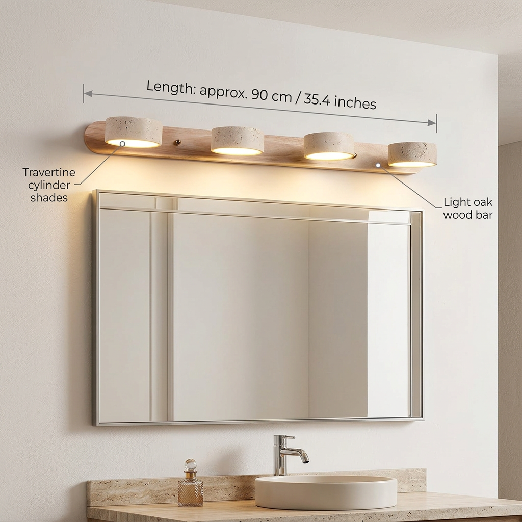 Travertine Stone Wall Sconce with Dimmable LED | Natural Wood Accent for Warm Ambient Glow