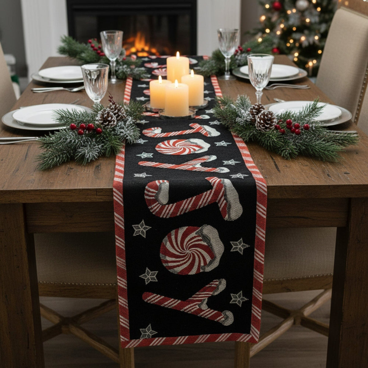 DaDa Bedding Peppermint Joy Red Black Holiday Tapestry Dining Table Runner (12904)