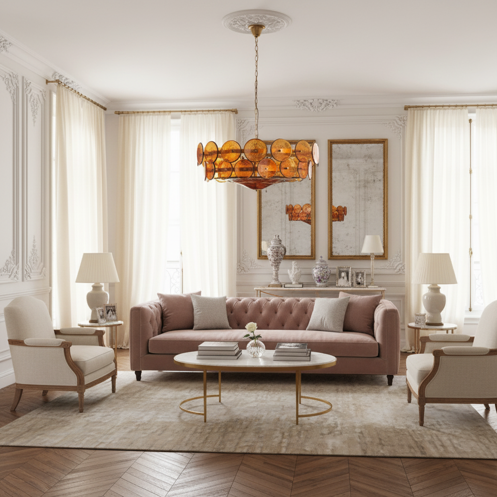 Ambra Series | Amber Murano-Style Glass Disc Chandelier with Solid Brass Frame for Dining