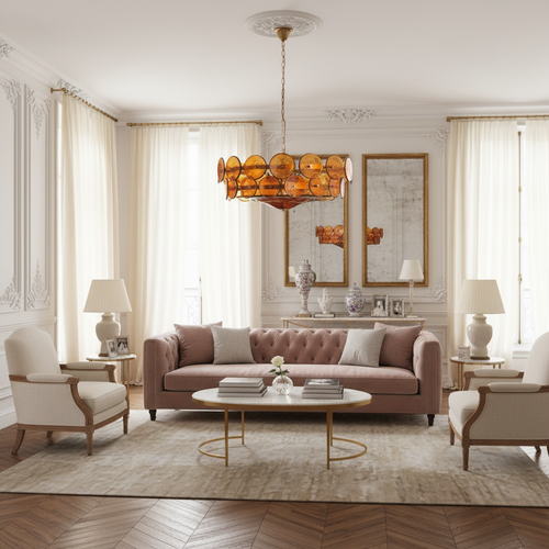 Ambra Series | Amber Murano-Style Glass Disc Chandelier with Solid Brass Frame for Dining