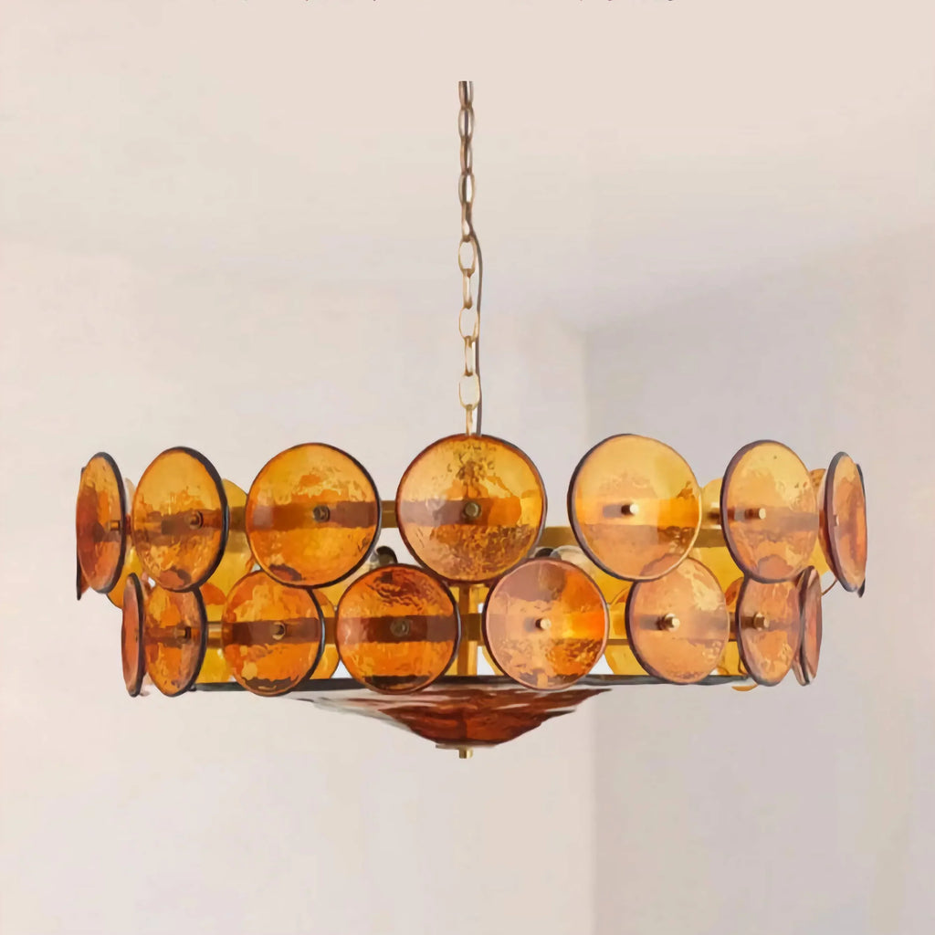 Ambra Series | Amber Murano-Style Glass Disc Chandelier with Solid Brass Frame for Dining