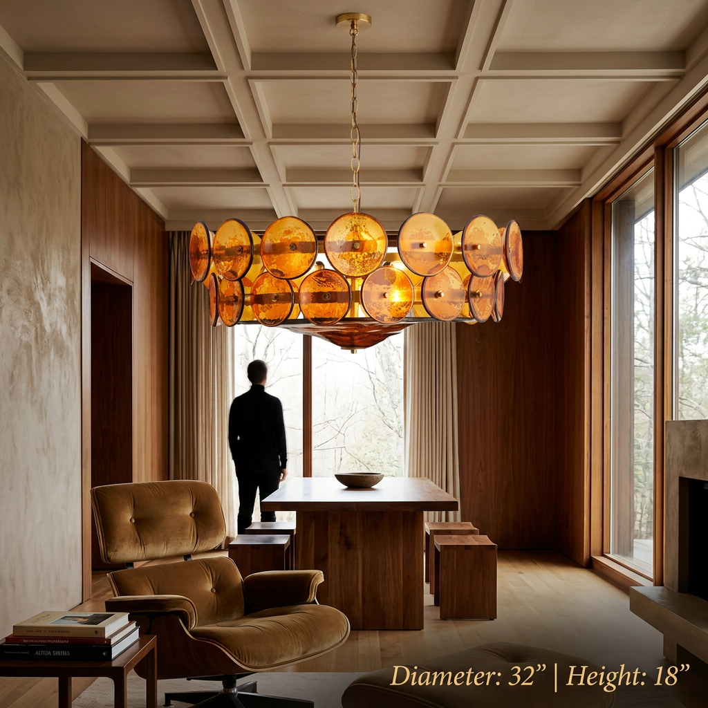 Ambra Series | Amber Murano-Style Glass Disc Chandelier with Solid Brass Frame for Dining