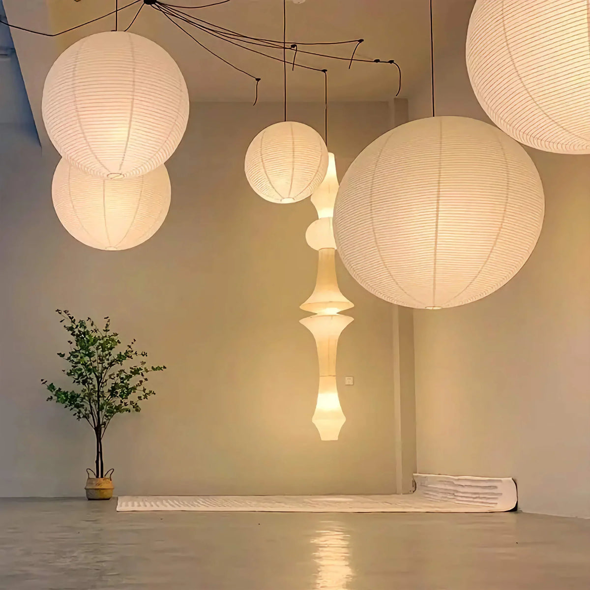 White Rice Paper Lantern Pendant Light with Even Ambient Glow | Japandi Ceiling Lamp