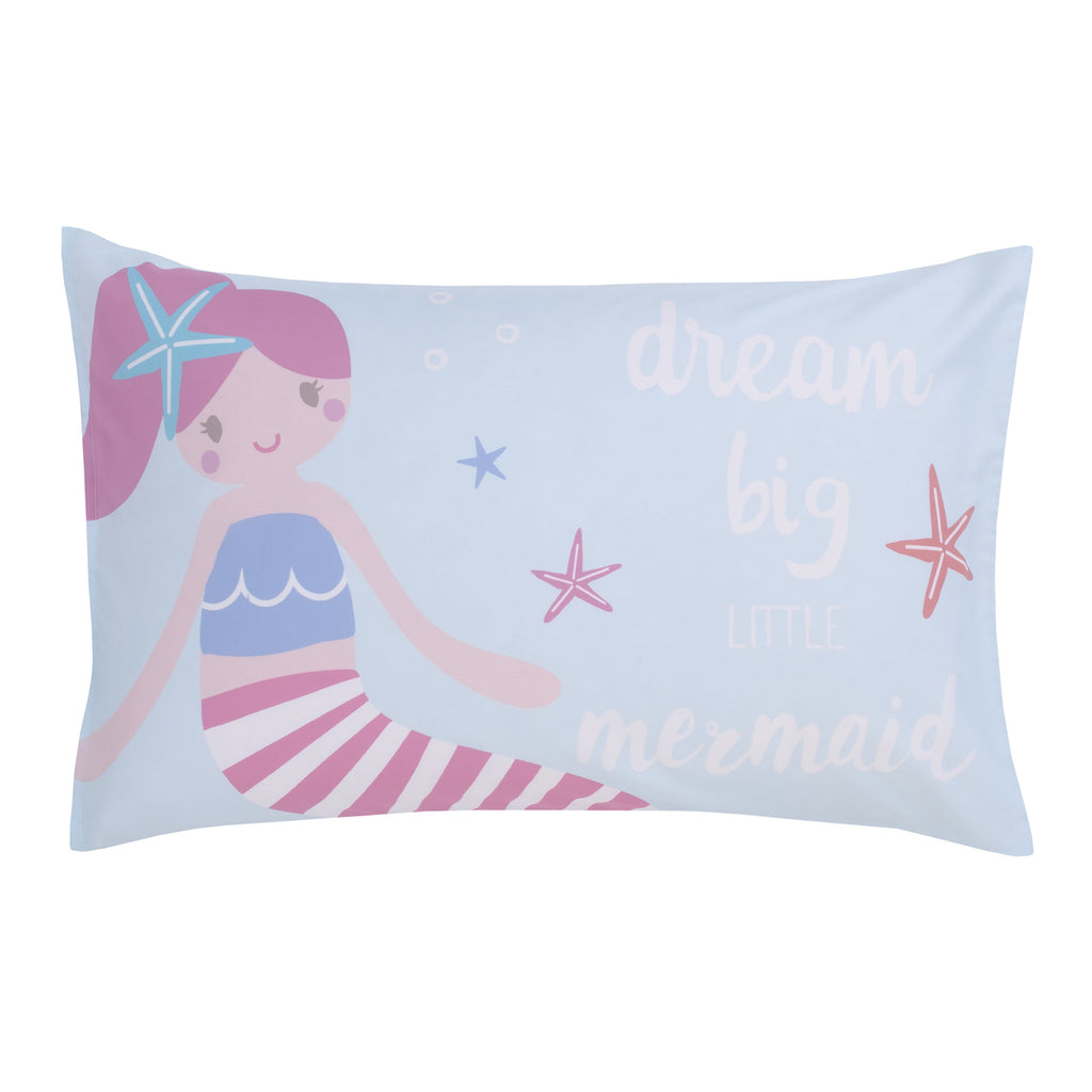 Everything Kids Mermaid Pink and Blue Dream Big Little Mermaid 4 Piece Toddler Bed Set - Comforter, Fitted Bottom Sheet, Flat Top Sheet, and Reversible Pillowcase