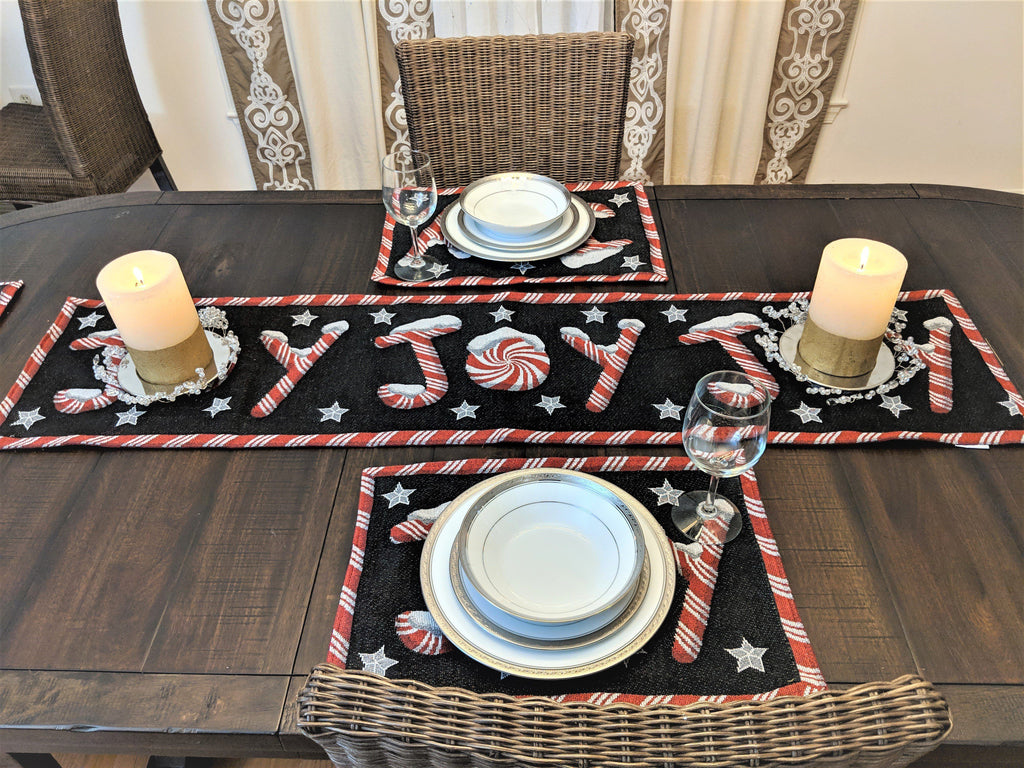 DaDa Bedding Set of 8 Pieces Peppermint Joy Holiday Table Tapestry - 4 Placemats, 2 Table Runners, 2 Throw Pillow Covers (12904)